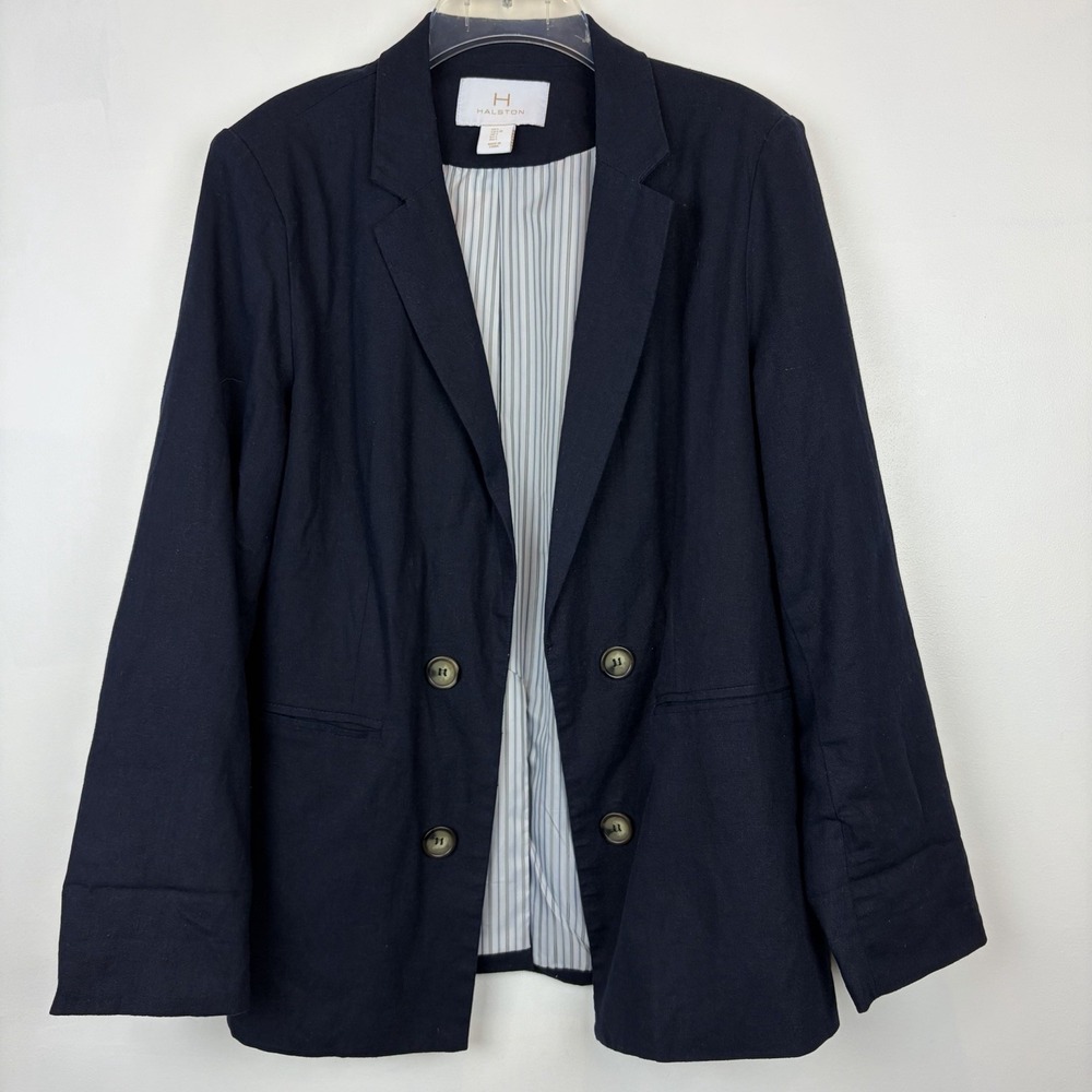 H Halston Blazer Womens Large Navy Blue Linen Blend Open Lagenlook Minimalist